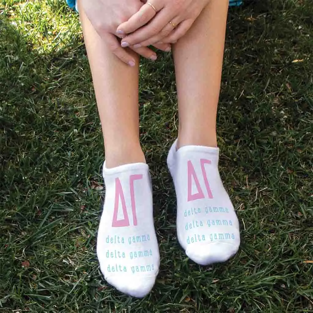 Delta Gamma Sorority Socks with Large Greek Letters, Printed on No Show Socks