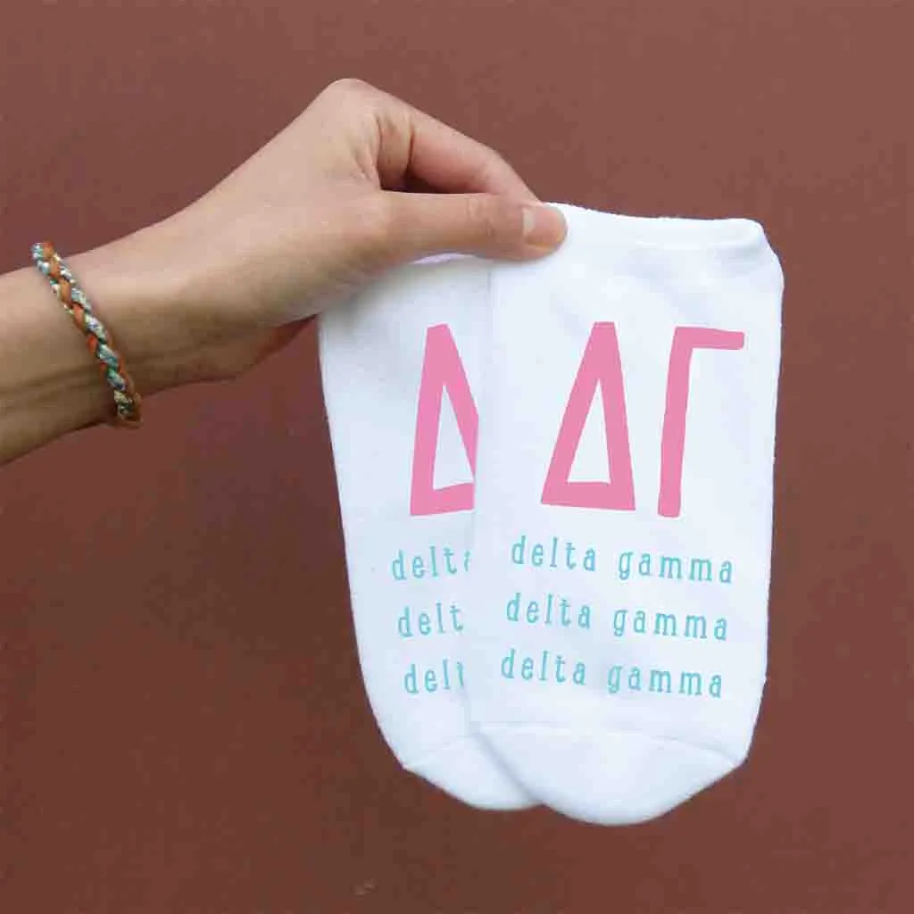 Delta Gamma Sorority Socks with Large Greek Letters, Printed on No Show Socks