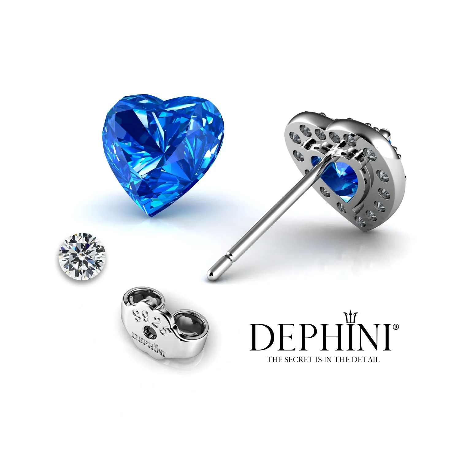 DEPHINI Blue Heart stud Earrings 925 Sterling Silver Stud Earrings CZ