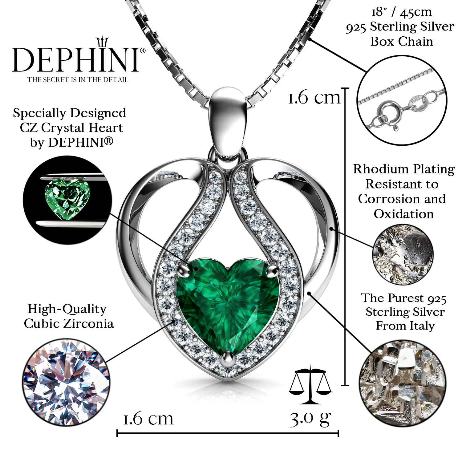 DEPHINI - Cute green necklace for Women - 925 sterling silver pendant