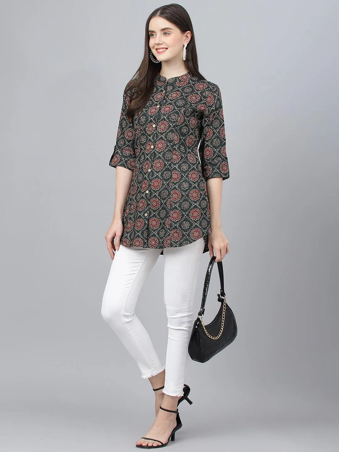 Divena Black Abstract printed Rayon A-line Shirts Style Top