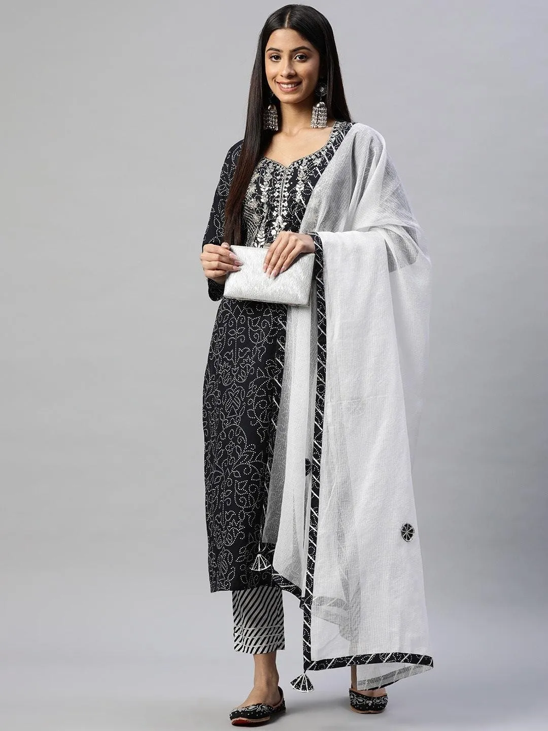 Divena Black and White Cotton Kurta Pant Set With Dupatta