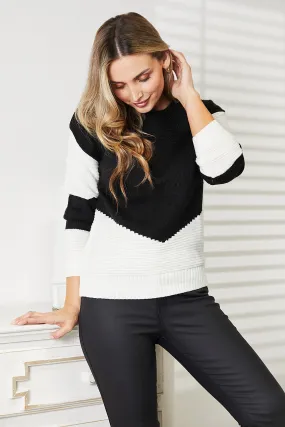 Double Take Two-Tone Openwork Rib-Knit Sweater