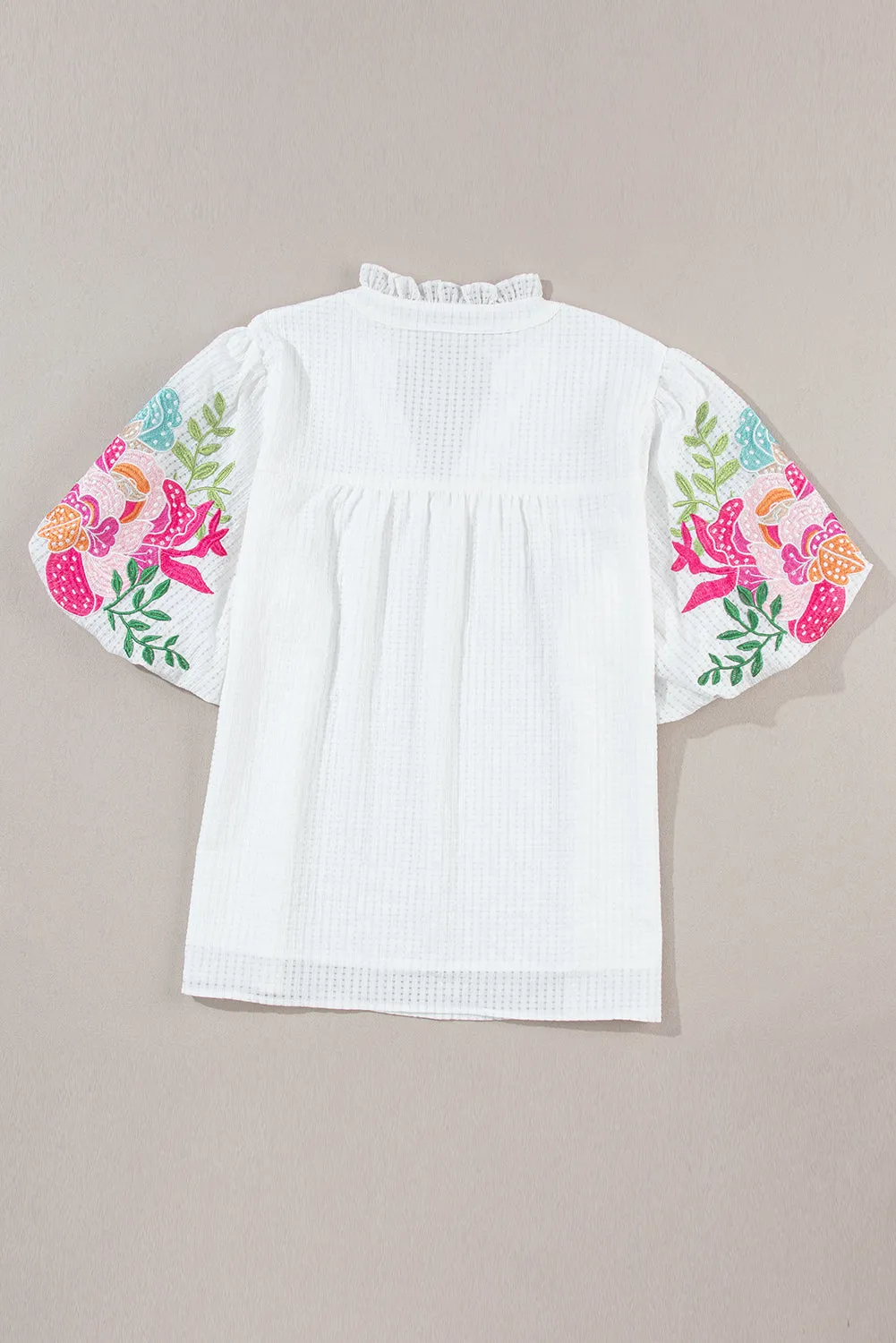 Embroidered Notched Half Sleeve Blouse