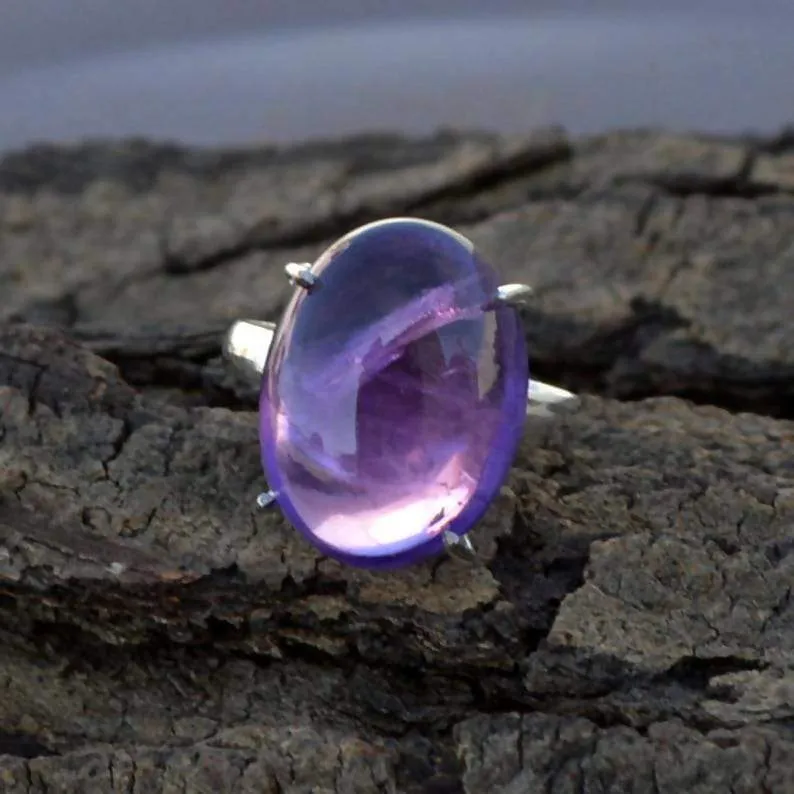 Fine Purple Amethyst Gemstone Ring- February Birthstone Ring- Oval Cabochon Ring- 925 Sterling Silver Ring- Large Amethyst Gift Ring,Oval Cabochon Jewelry, Nickel Free