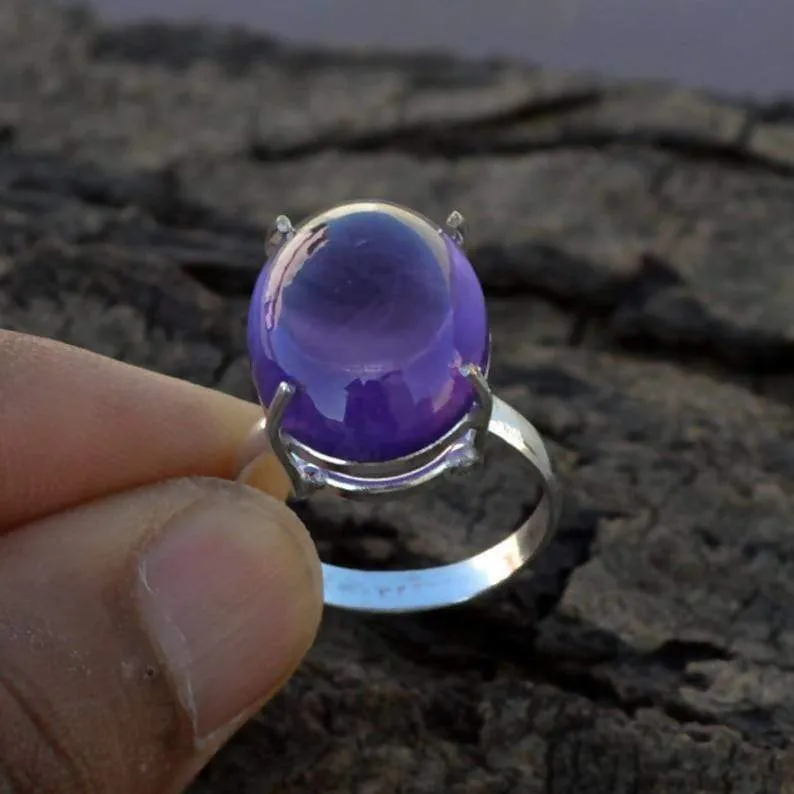 Fine Purple Amethyst Gemstone Ring- February Birthstone Ring- Oval Cabochon Ring- 925 Sterling Silver Ring- Large Amethyst Gift Ring,Oval Cabochon Jewelry, Nickel Free