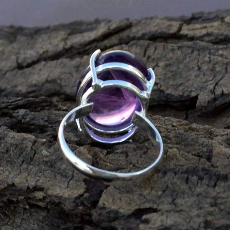 Fine Purple Amethyst Gemstone Ring- February Birthstone Ring- Oval Cabochon Ring- 925 Sterling Silver Ring- Large Amethyst Gift Ring,Oval Cabochon Jewelry, Nickel Free