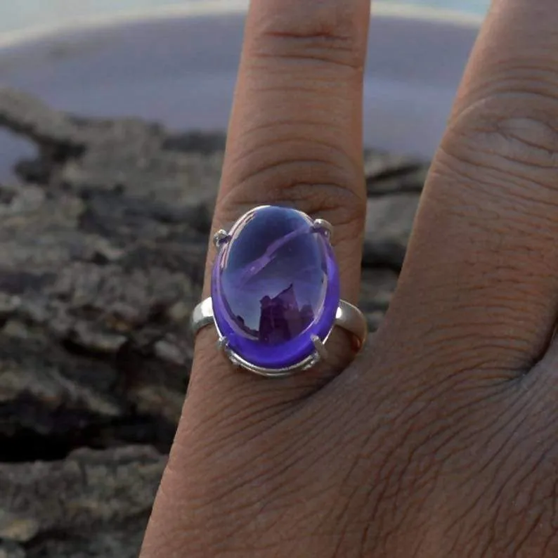 Fine Purple Amethyst Gemstone Ring- February Birthstone Ring- Oval Cabochon Ring- 925 Sterling Silver Ring- Large Amethyst Gift Ring,Oval Cabochon Jewelry, Nickel Free