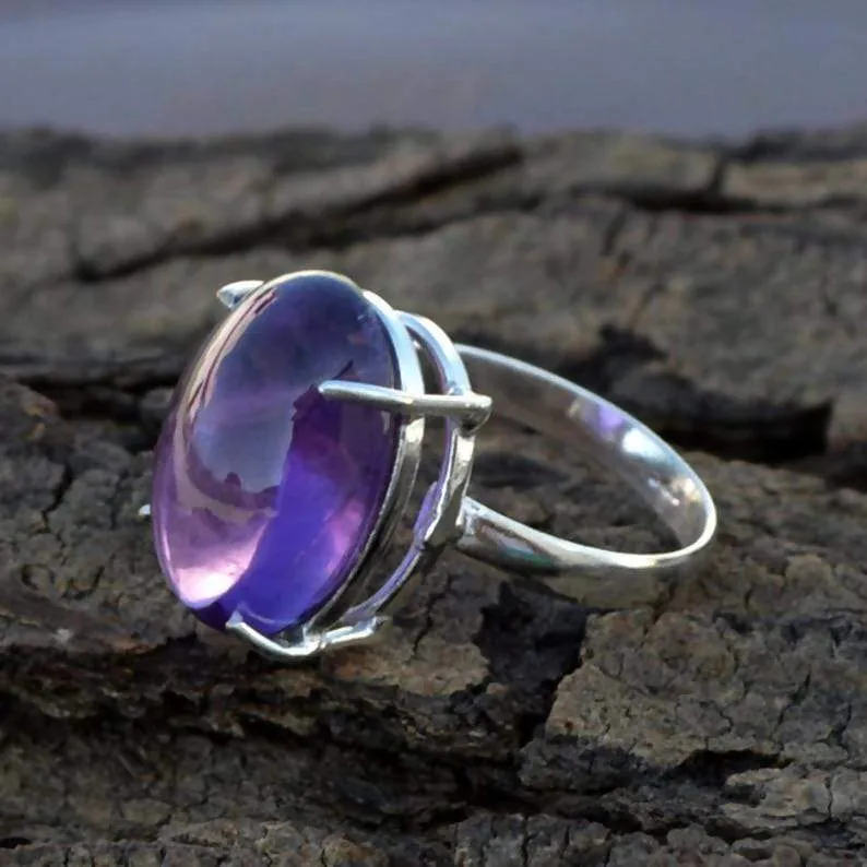 Fine Purple Amethyst Gemstone Ring- February Birthstone Ring- Oval Cabochon Ring- 925 Sterling Silver Ring- Large Amethyst Gift Ring,Oval Cabochon Jewelry, Nickel Free