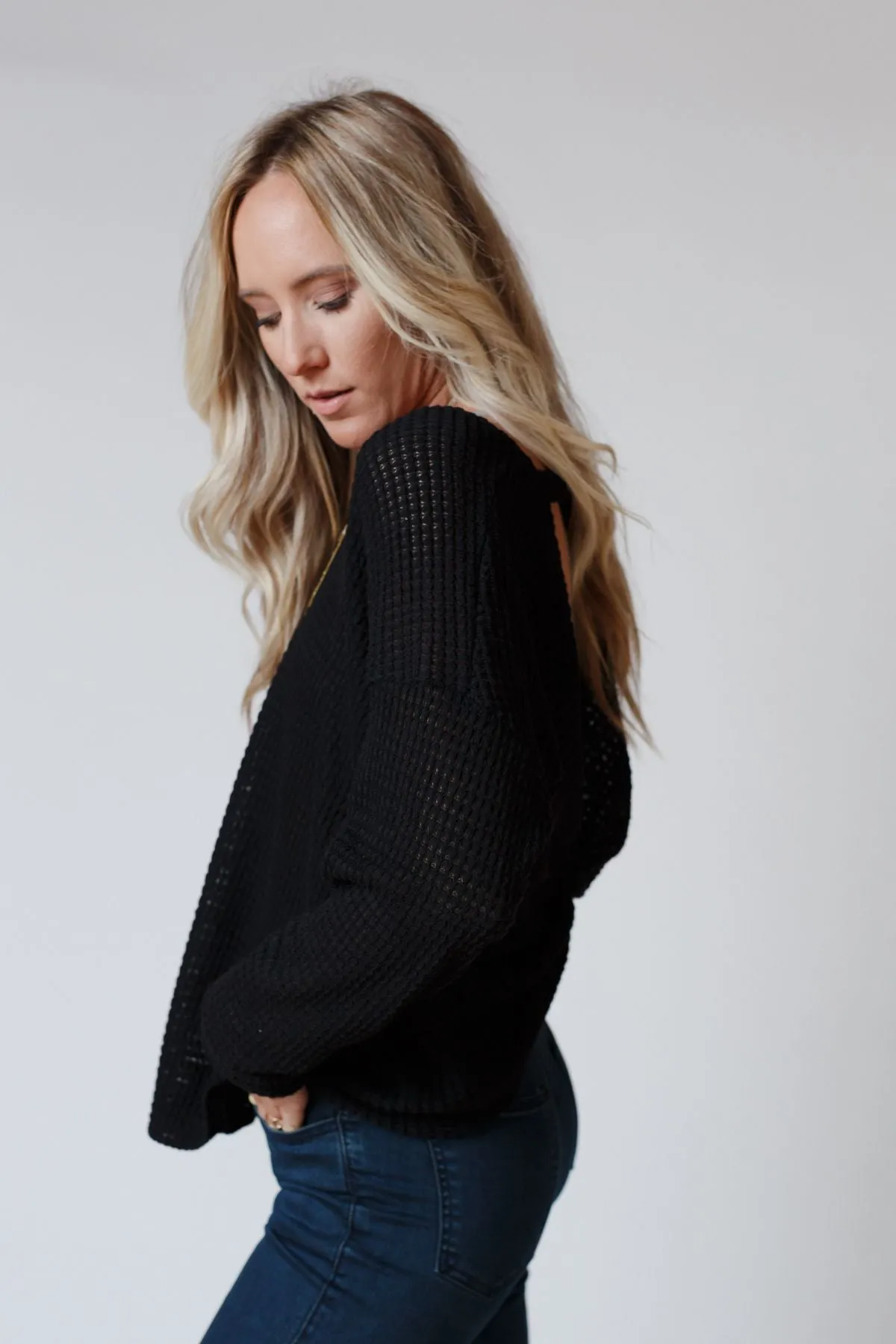 Flattering Open Back Thermal Knit Top - Black