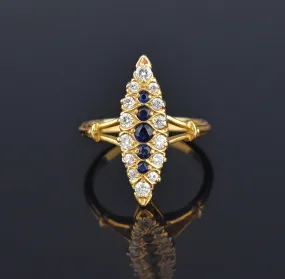 French 18K Gold Diamond Sapphire Navette Ring