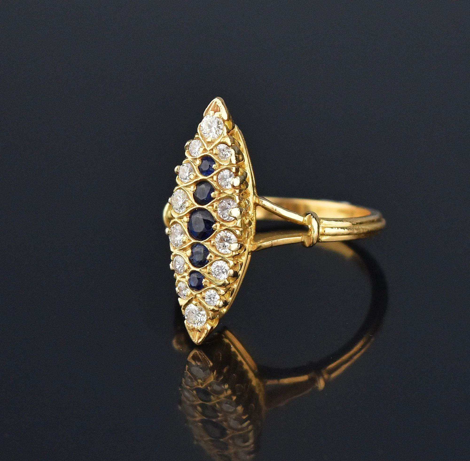 French 18K Gold Diamond Sapphire Navette Ring