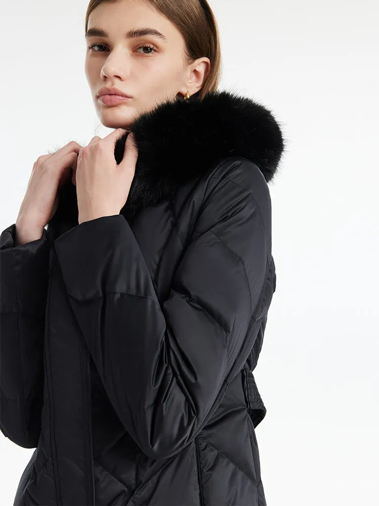 Gathered Waist Long Goose Down Garment With Faux-Fur Collar