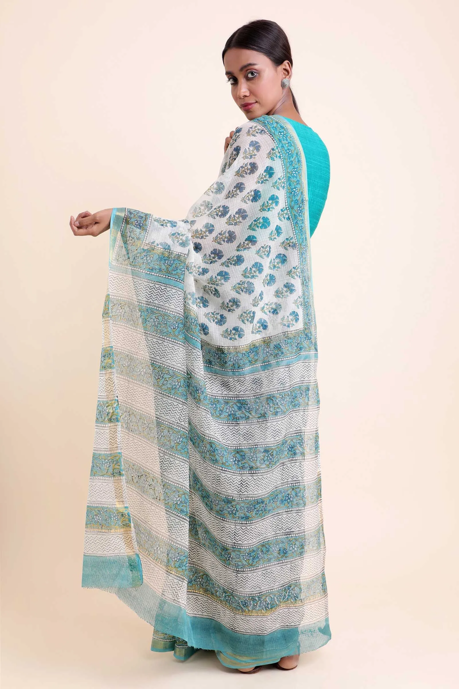 Gerbera Buti Kota Doria Handblock Saree