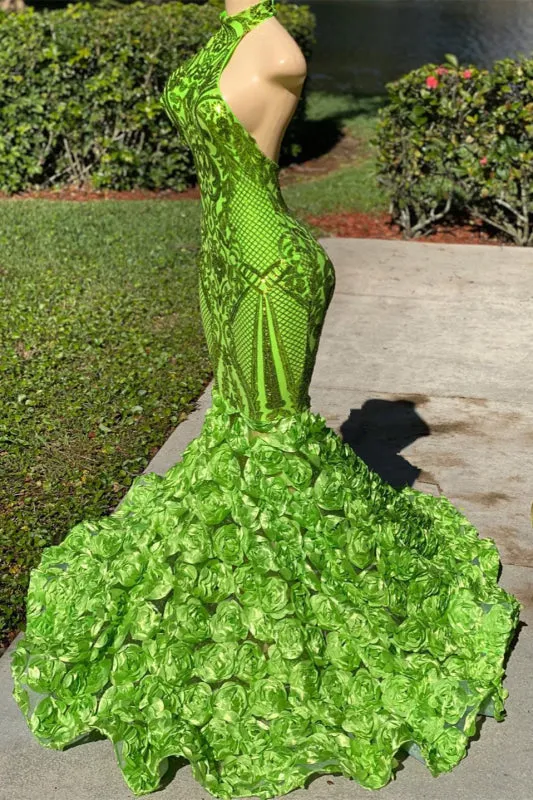 Green Halter Mermaid Prom Dress with Open Back and Floral Details