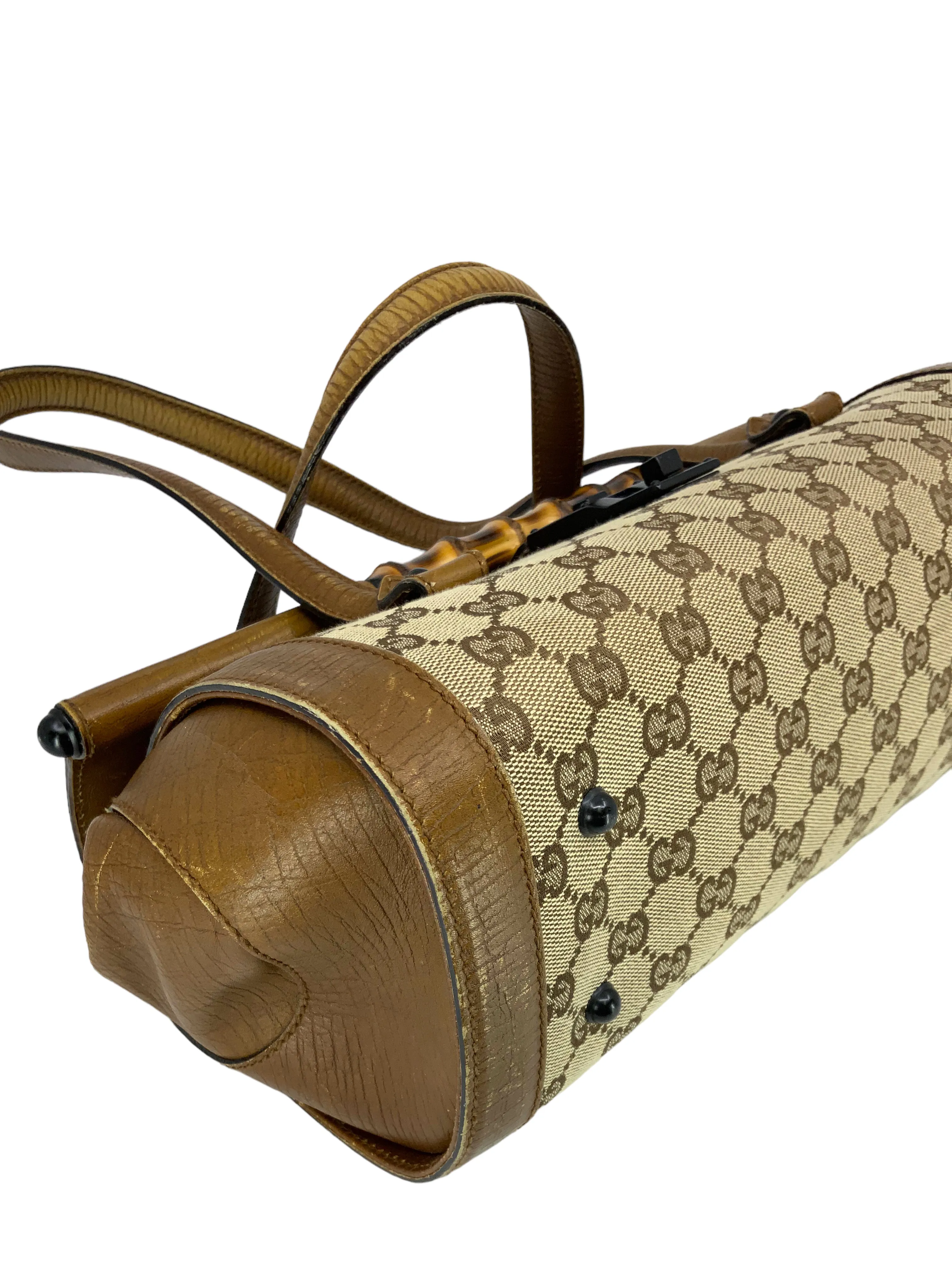 Gucci Monogram GG Canvas Leather Bamboo Bullet Bag