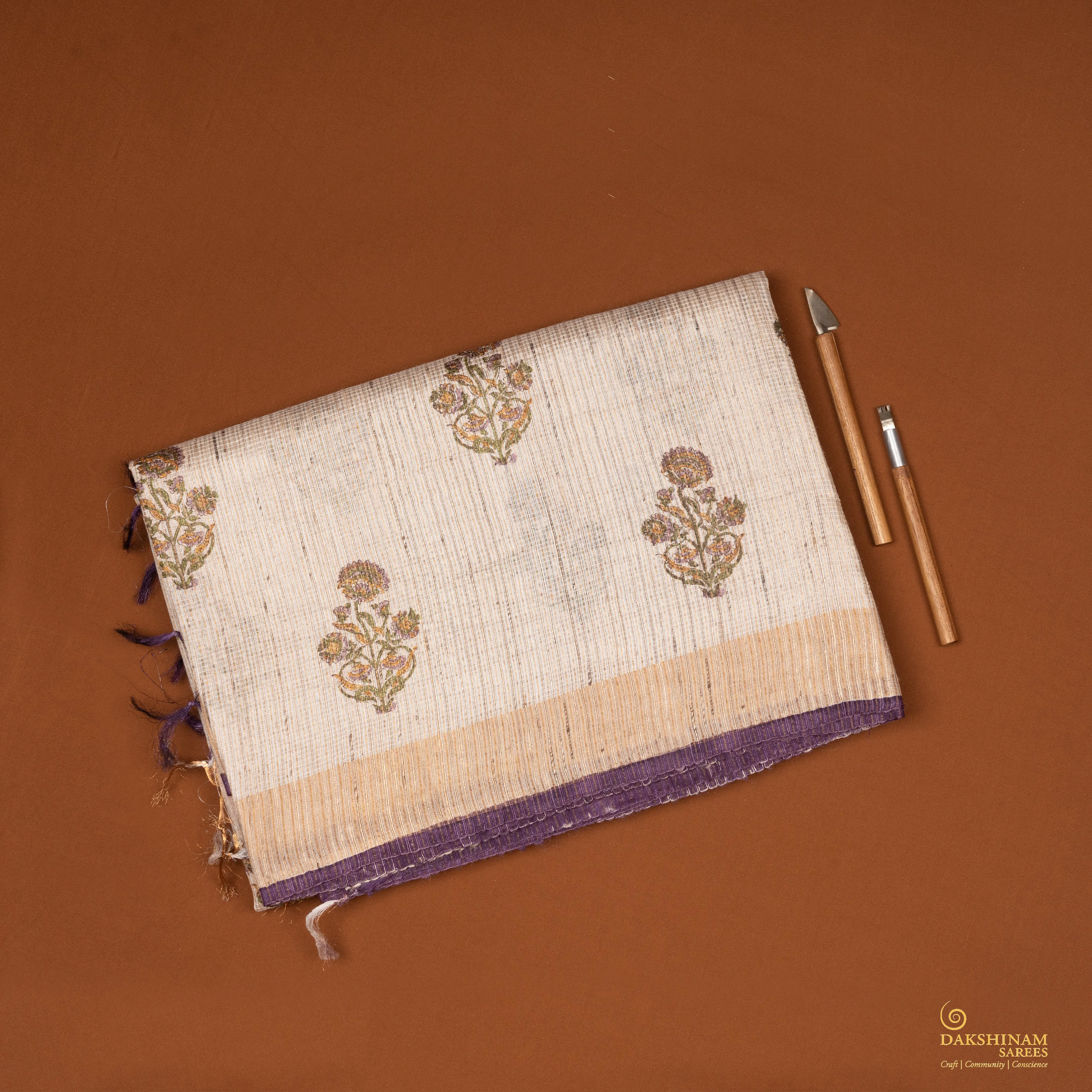 Handwoven Beige Tussar Silk Saree - 2097T010648DSC