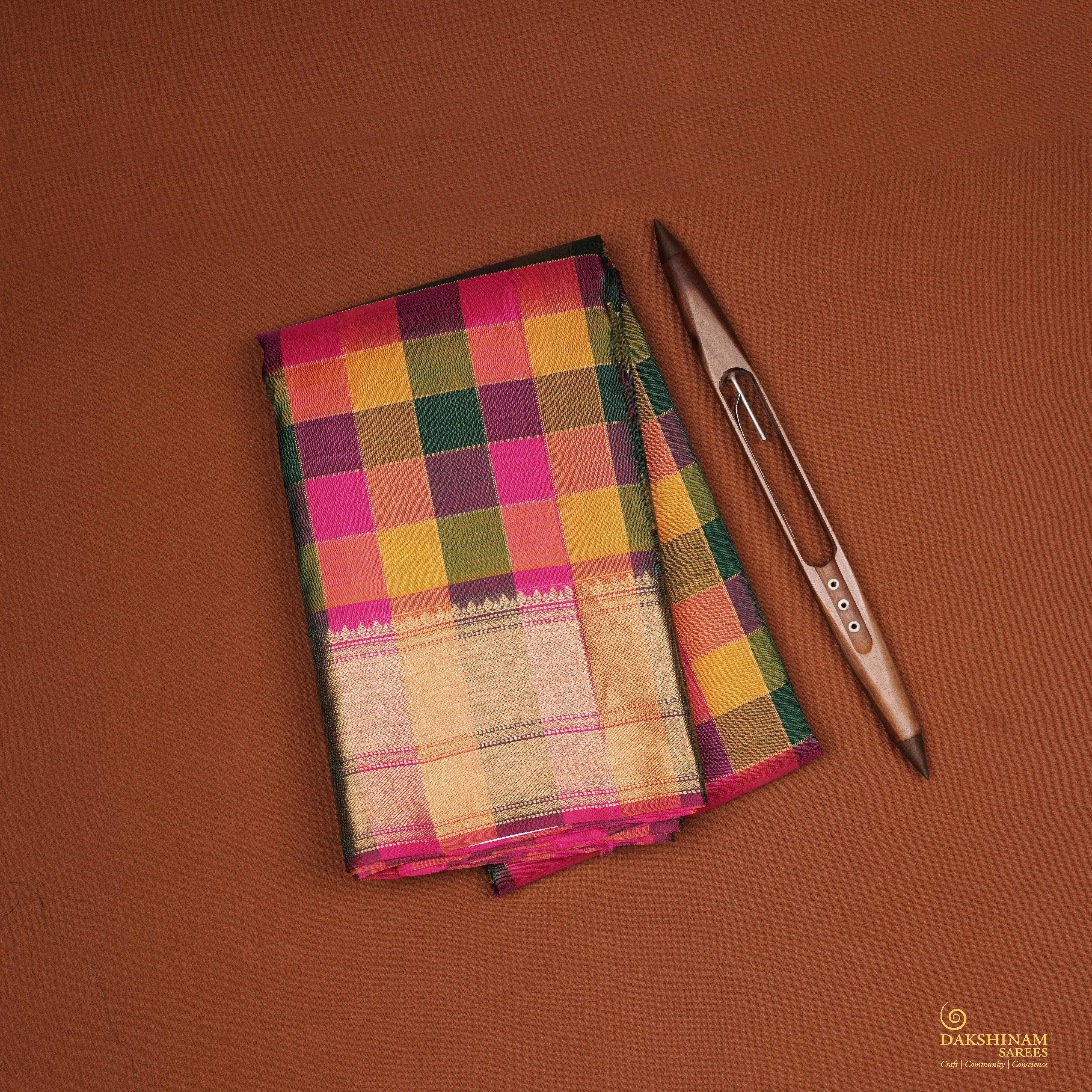 Handwoven Multi-colours with Pink Kanjivaram Silk Saree - 2129T010587DSC