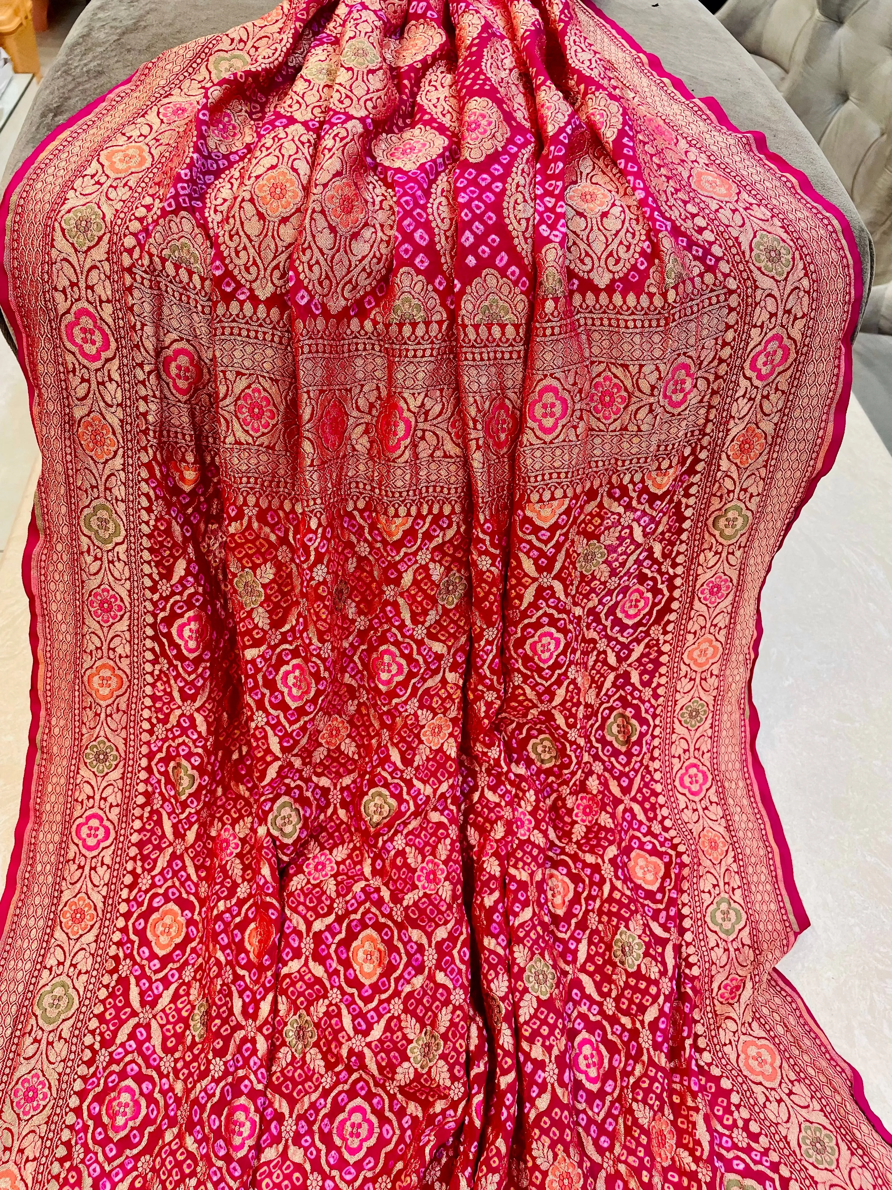 Handwoven Pure Bandhani Banarasi Pink Saree Blouse