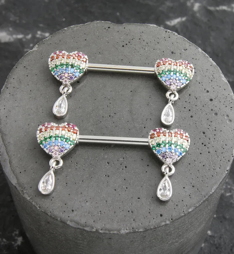 Heart Rainbow CZ Dangle Stainless Steel Nipple Barbell