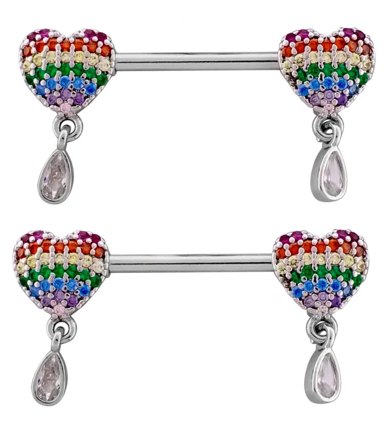 Heart Rainbow CZ Dangle Stainless Steel Nipple Barbell