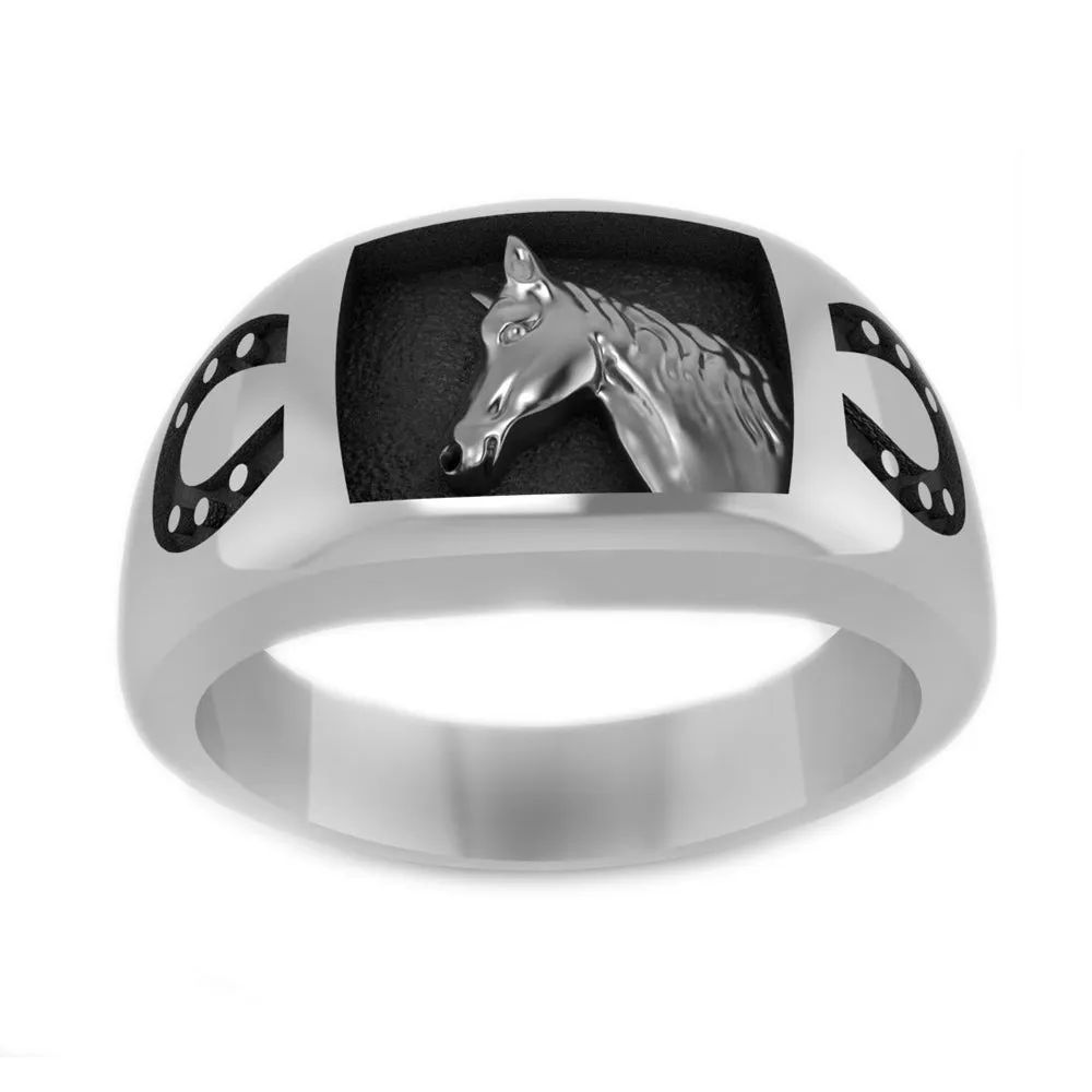 Irish Horse and Horseshoes Lucky Totem Mens Sterling Silver Ring