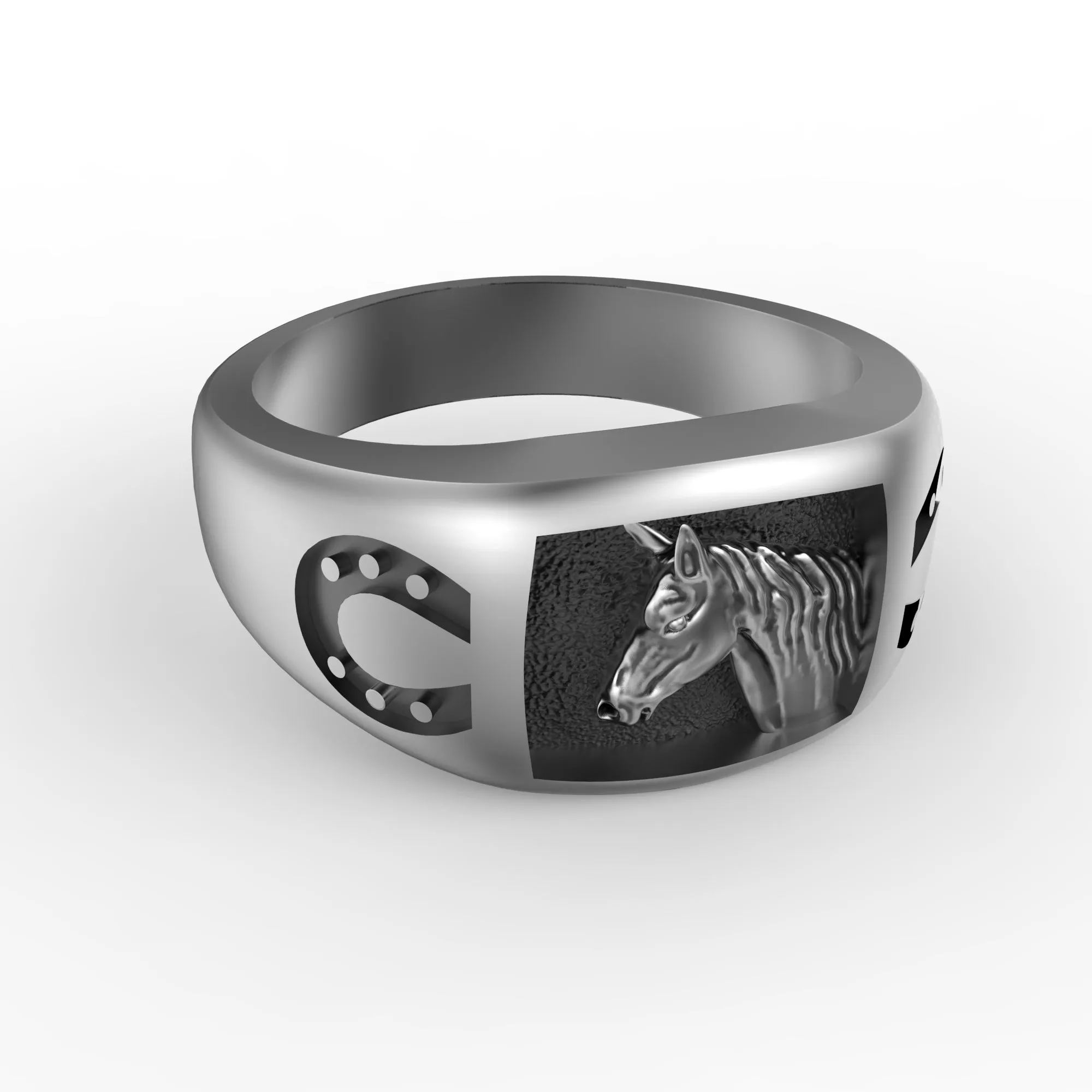 Irish Horse and Horseshoes Lucky Totem Mens Sterling Silver Ring