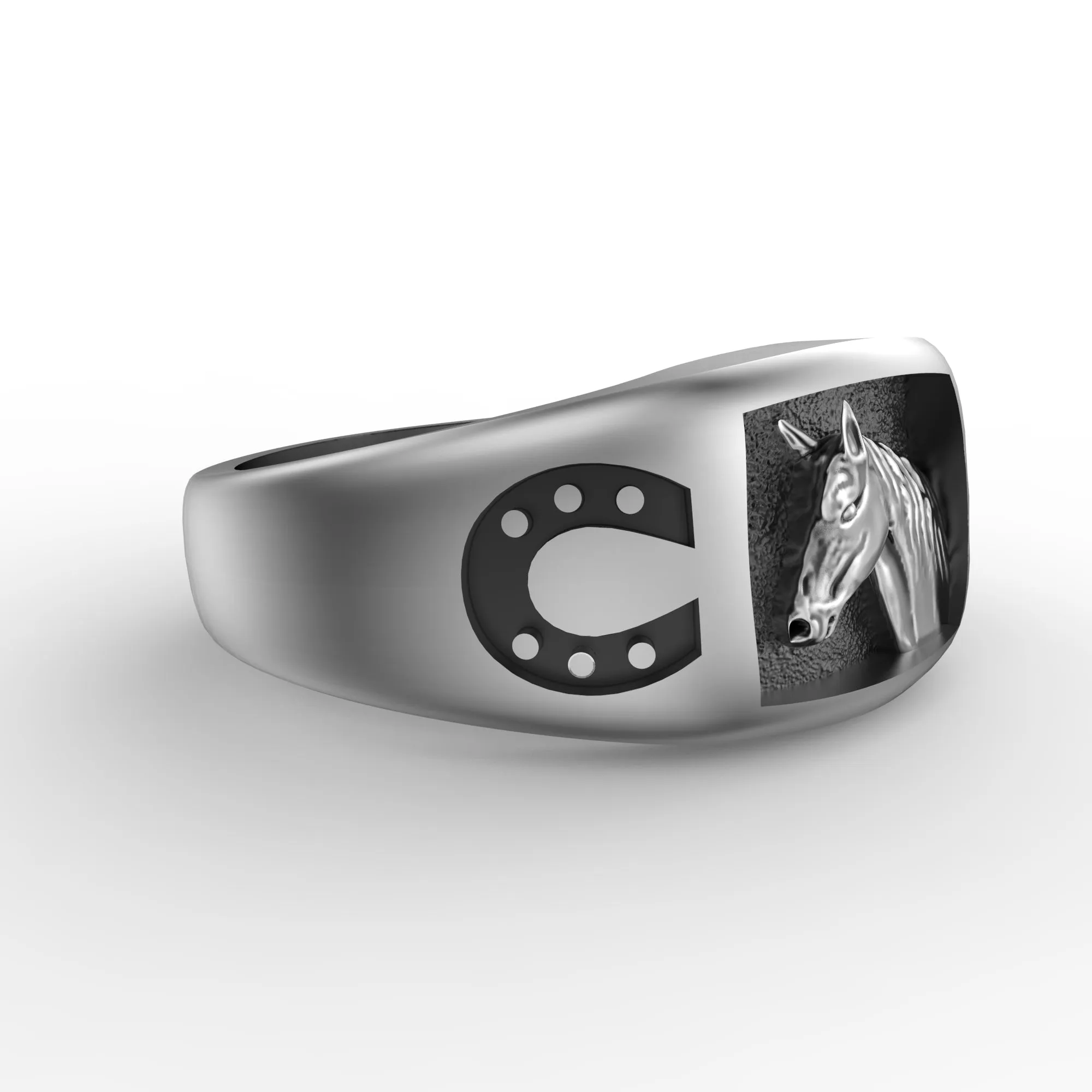 Irish Horse and Horseshoes Lucky Totem Mens Sterling Silver Ring