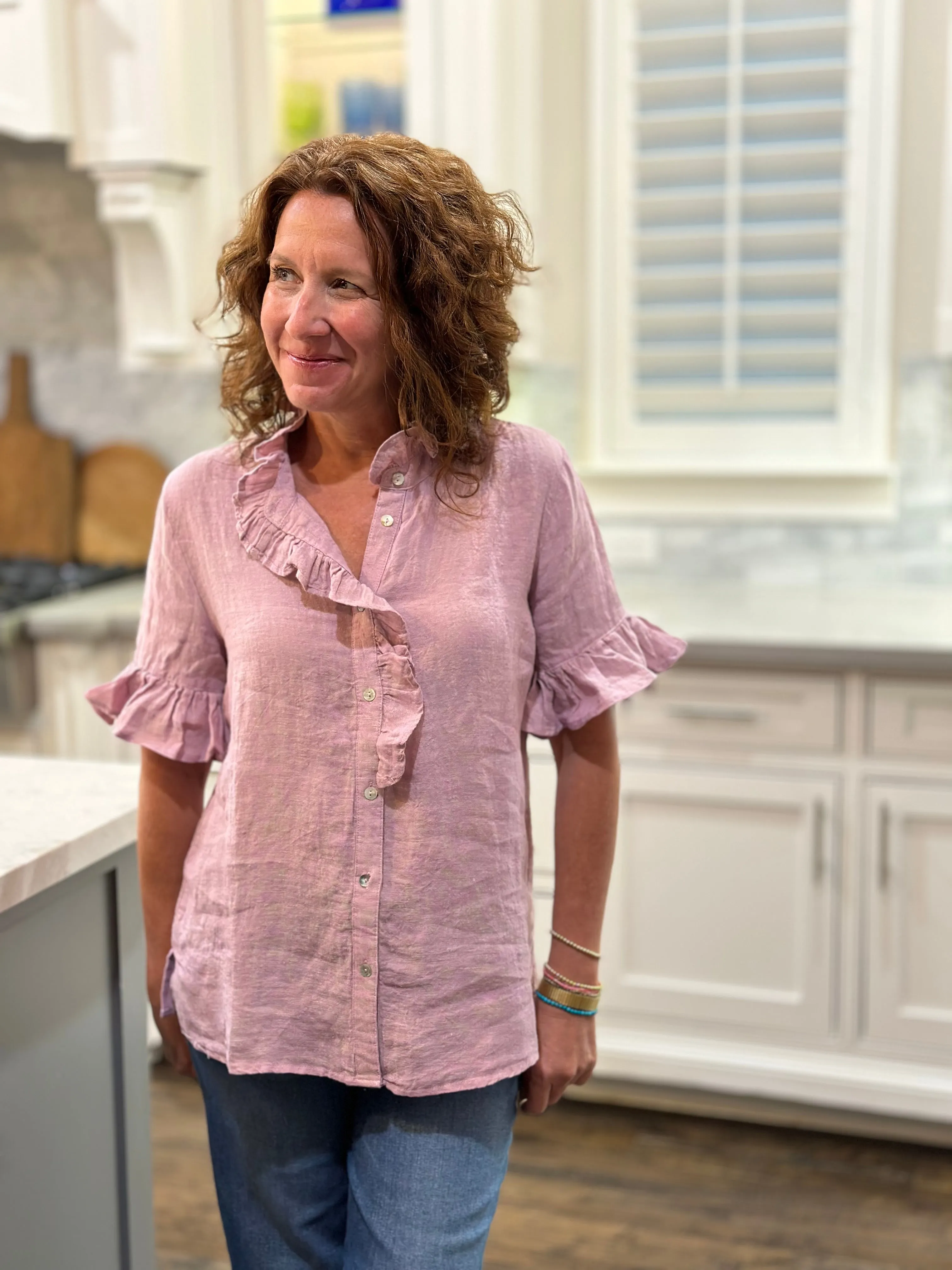 Ivy Jane Crossed Eyed Linen Top in Lilac