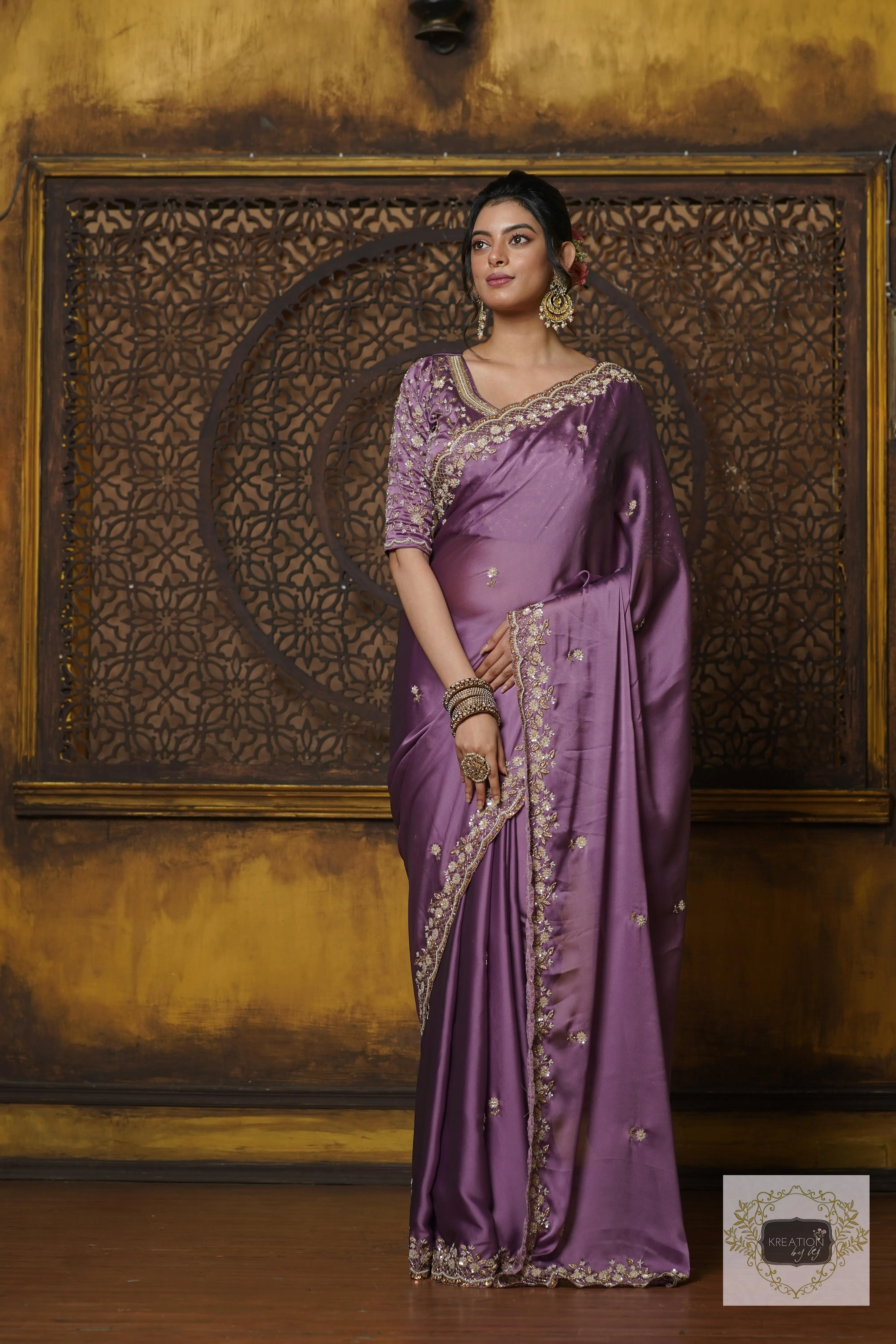 Lavender Hand embroidered Saree