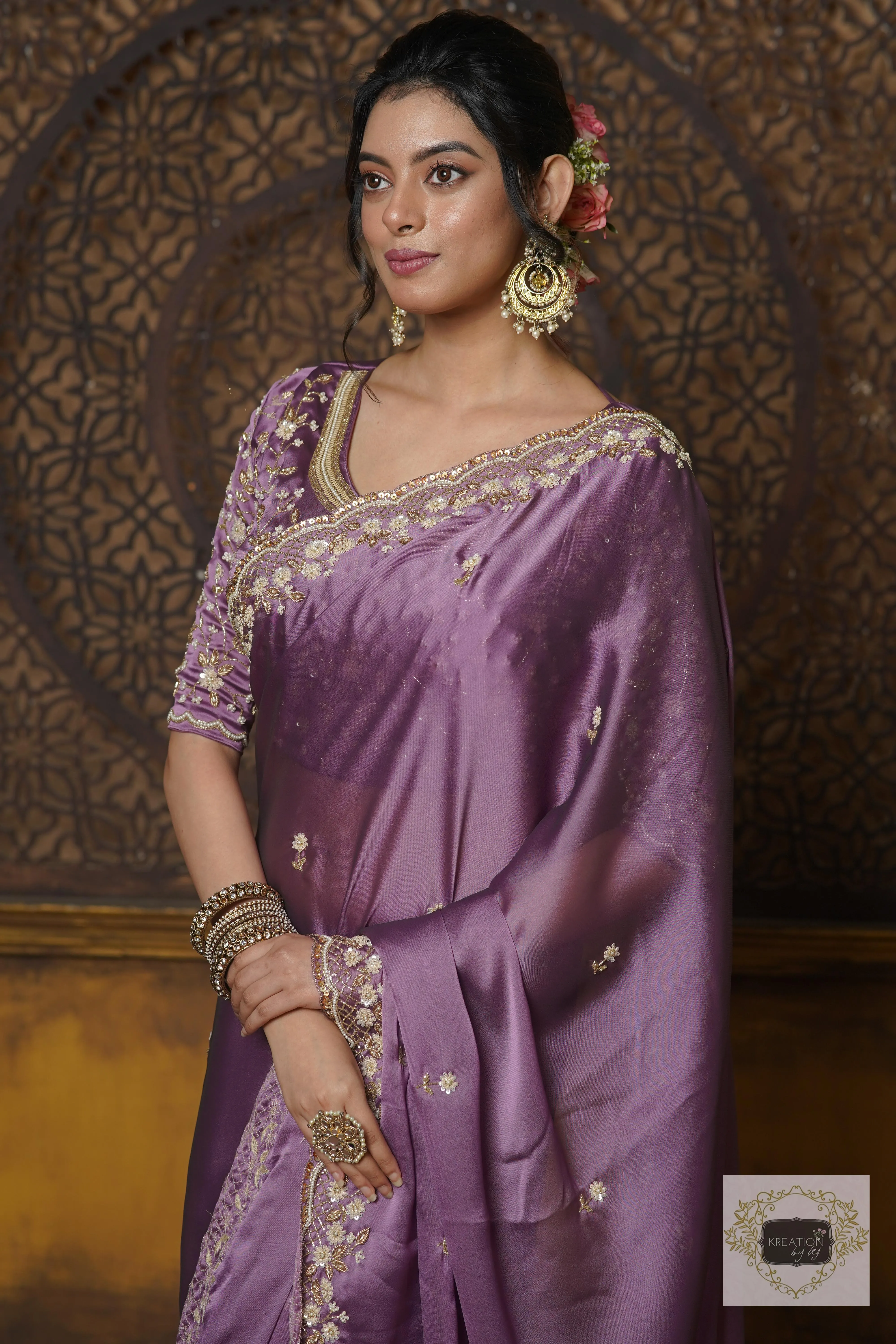 Lavender Hand embroidered Saree