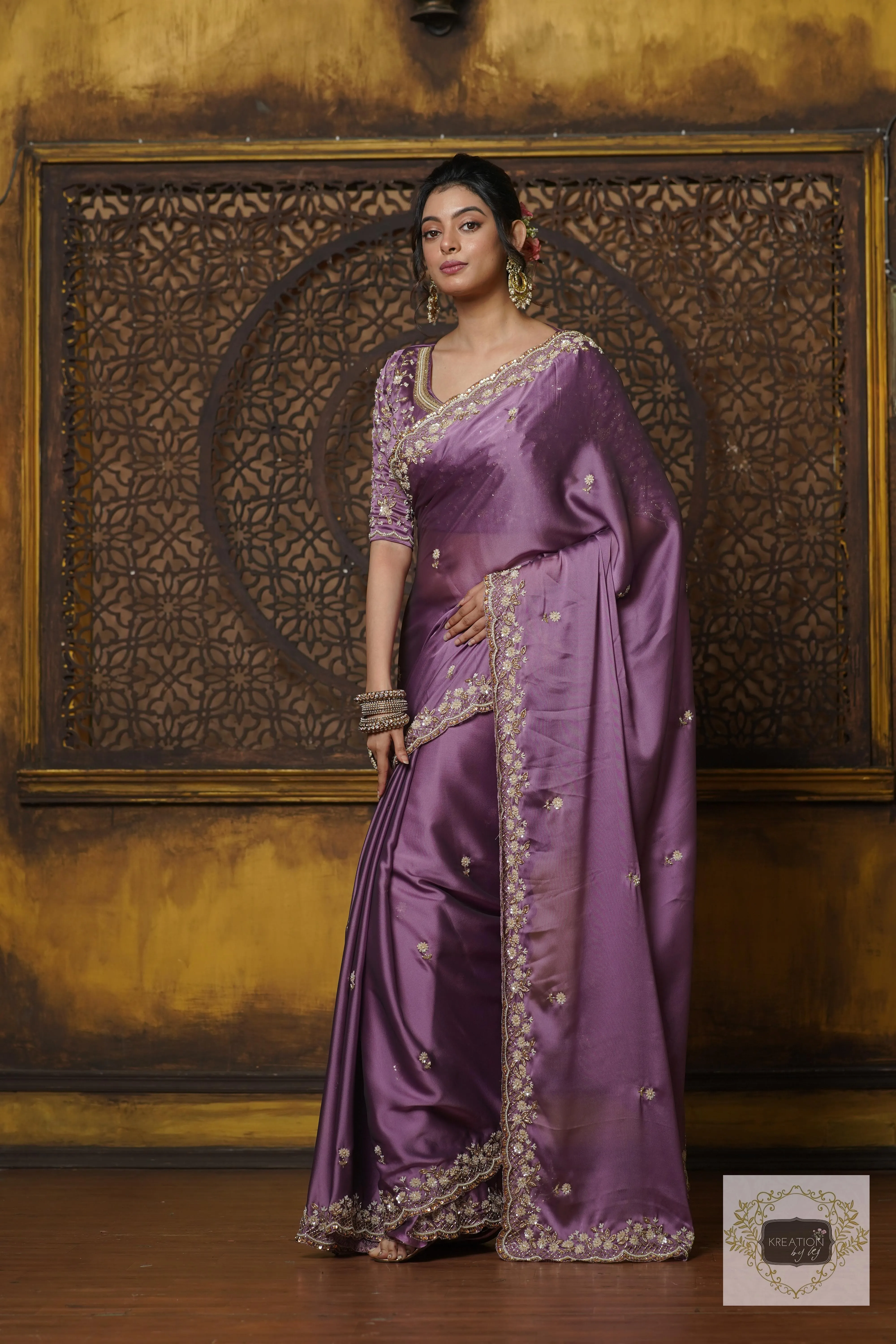 Lavender Hand embroidered Saree