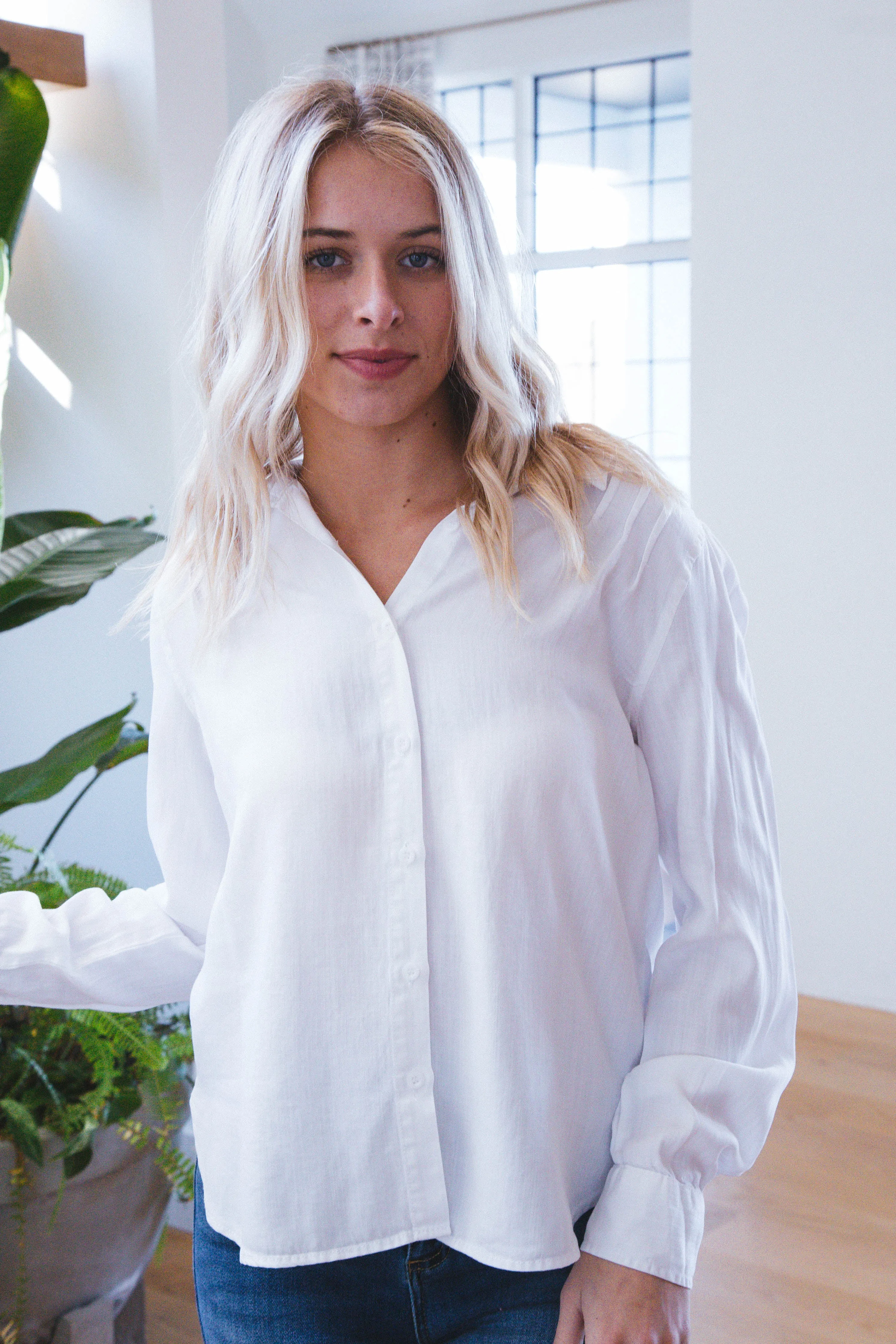 Leah Long Sleeve Button Up Blouse, Optic White | Velvet Heart