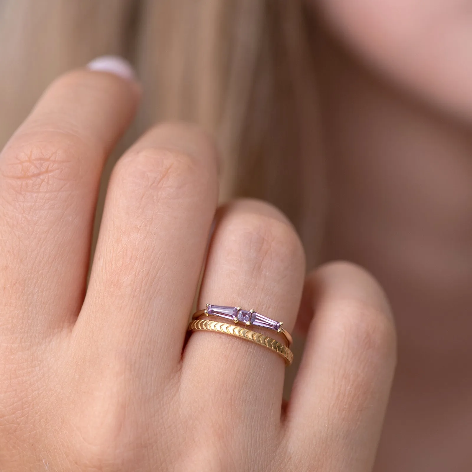 Lilac needle baguette ring