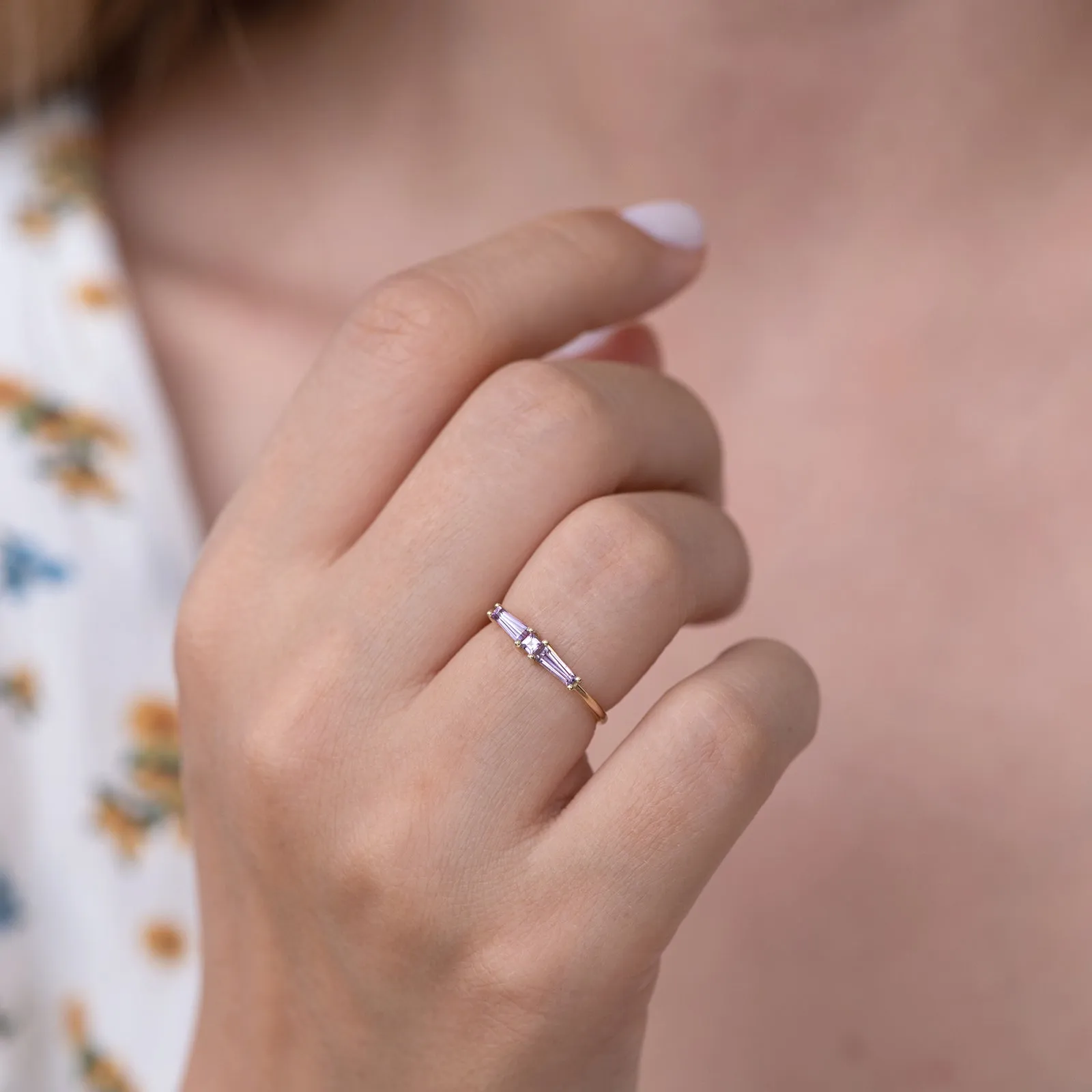 Lilac needle baguette ring