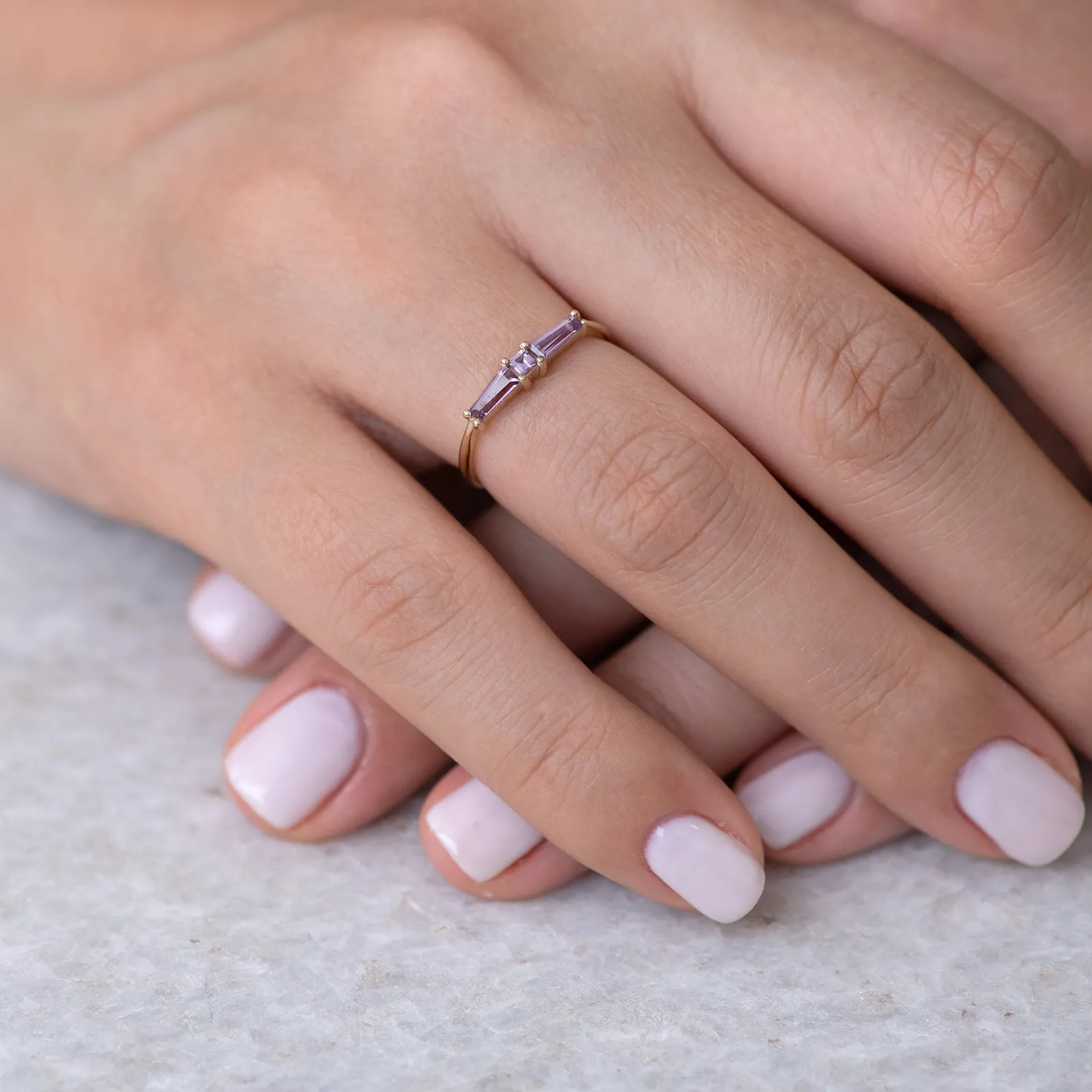 Lilac needle baguette ring