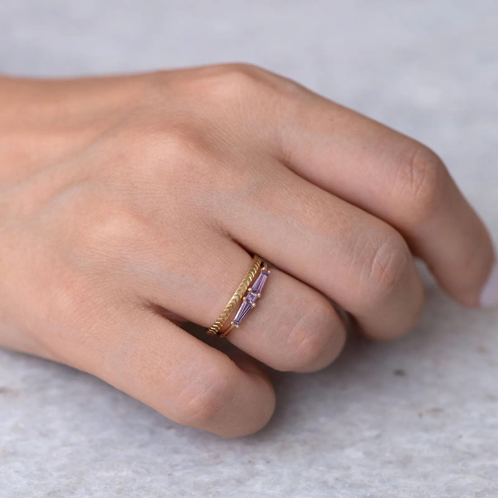 Lilac needle baguette ring