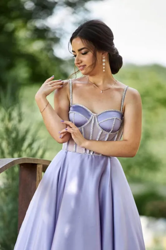 Lilac Spaghetti-Straps Sleeveless Tea Length Evening Dress With Beads