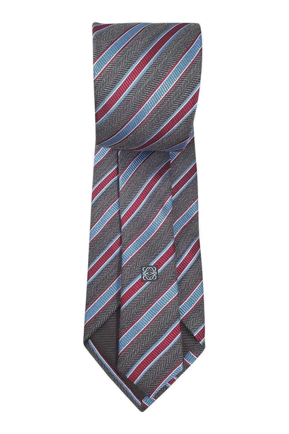 LOEWE 100% Silk Brown Tie Red Blue And White Stripes Repeat (60 L | W 3.3)