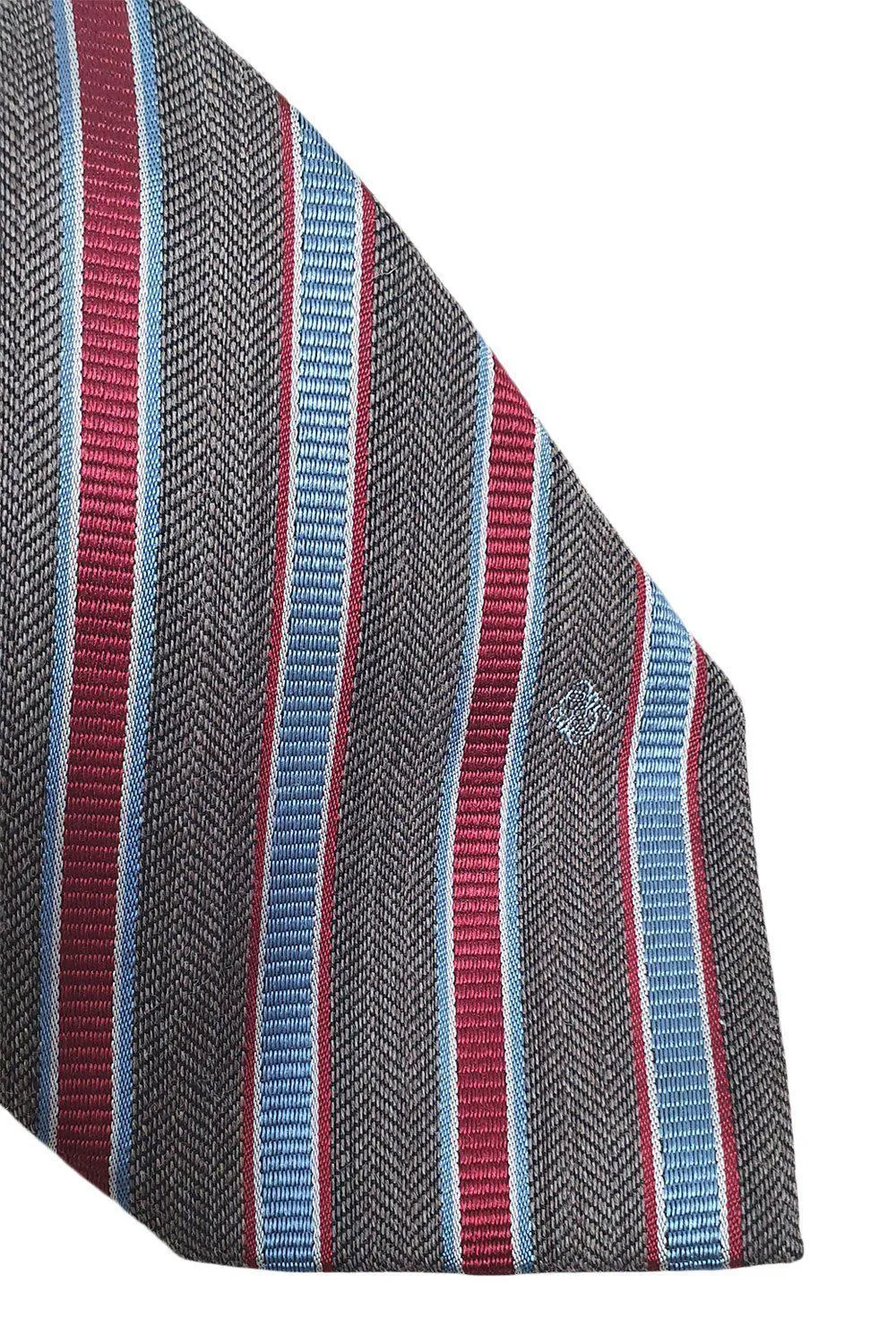 LOEWE 100% Silk Brown Tie Red Blue And White Stripes Repeat (60 L | W 3.3)