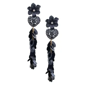 Long Black Embroidered Heart and Flower Mexican Earrings