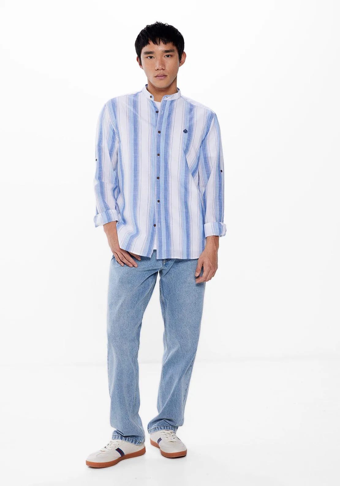 Long Sleeve Mao Stripe Shirt - Blue