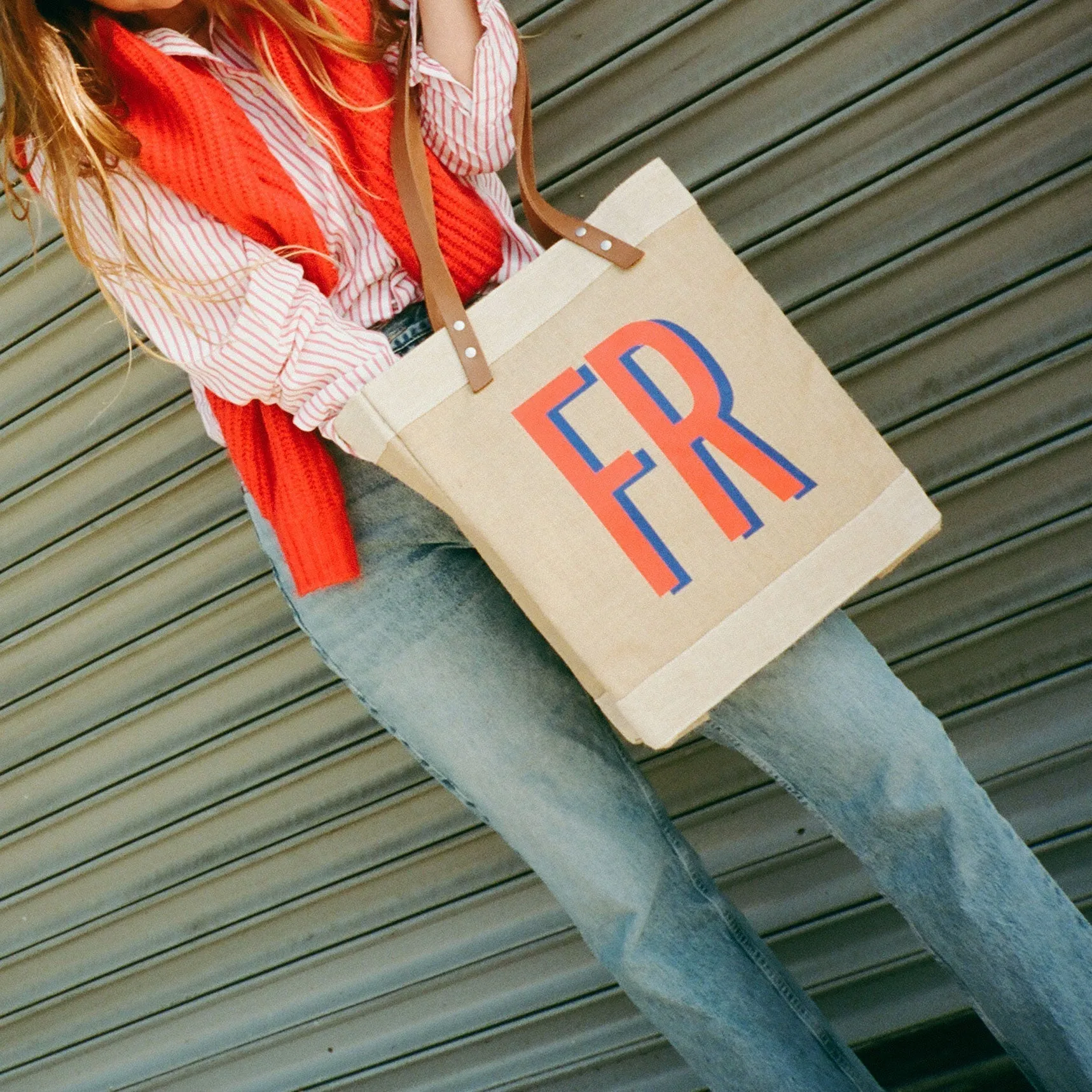 Market Tote in Natural with Large Ecru Monogram