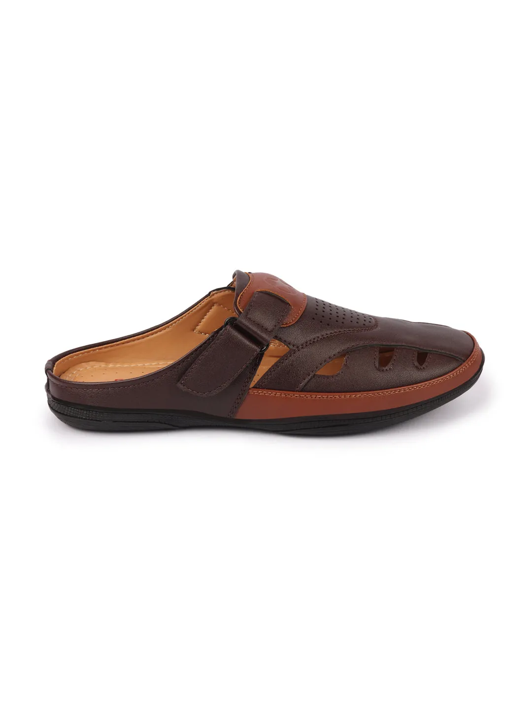 Men Brown Back Open Laser Cut Design Slip On Sandal with Ankle Strap