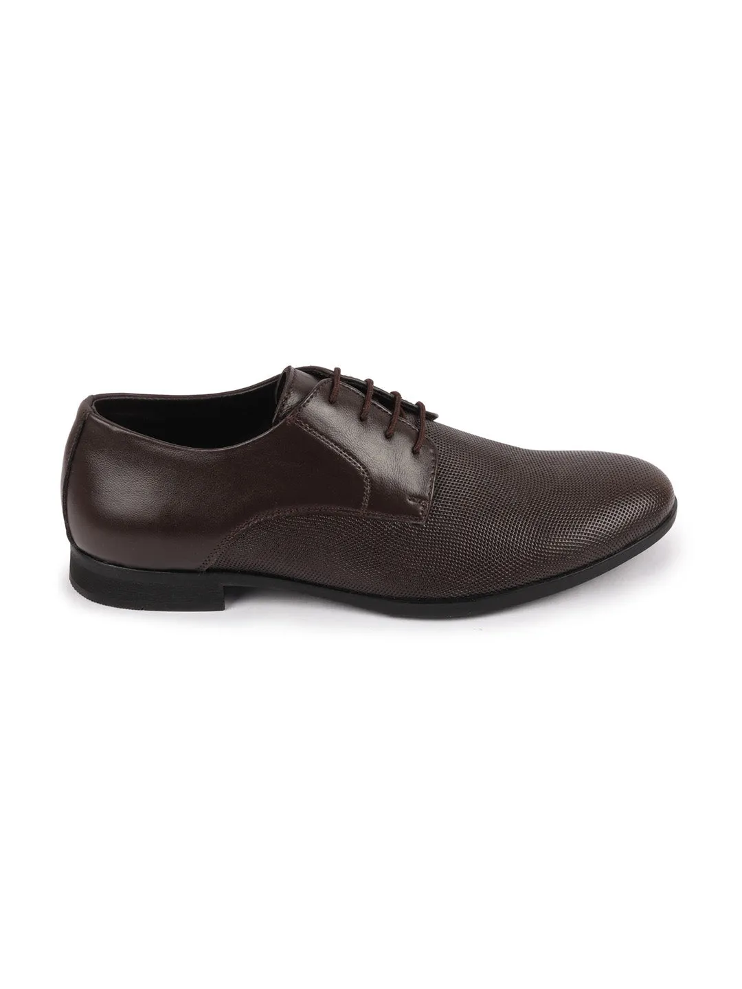 Men Brown Formal Office Textured Design Stitched Genuine Leather Lace Up Shoes