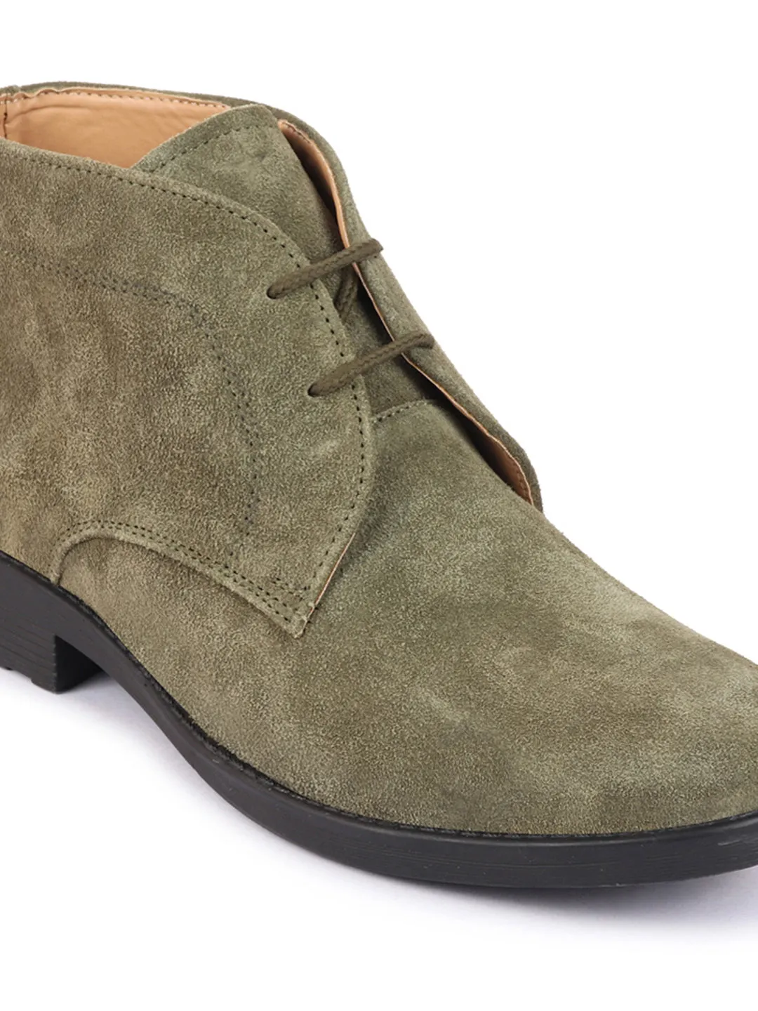 Men Olive Green Suede Leather High Ankle Lace Up Chukka Boots