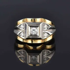 Mens Diamond Art Deco Style Signet Ring in 14K Gold