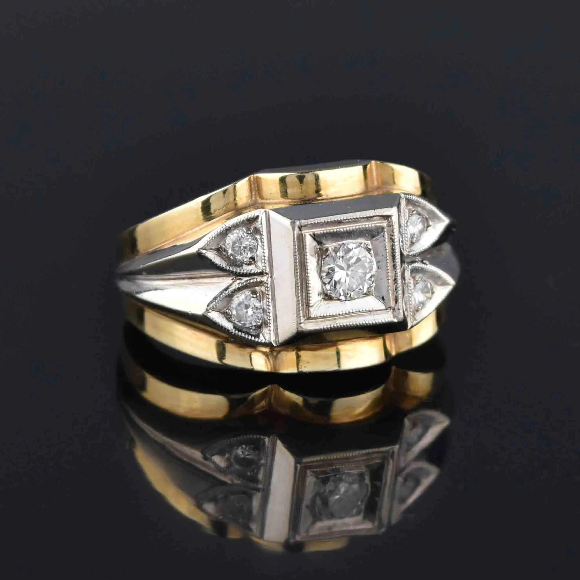 Mens Diamond Art Deco Style Signet Ring in 14K Gold