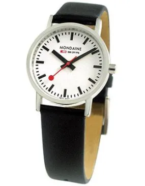 Mondaine Ladies Classic - Brushed  Steel - Classic White Dial - Black Leather