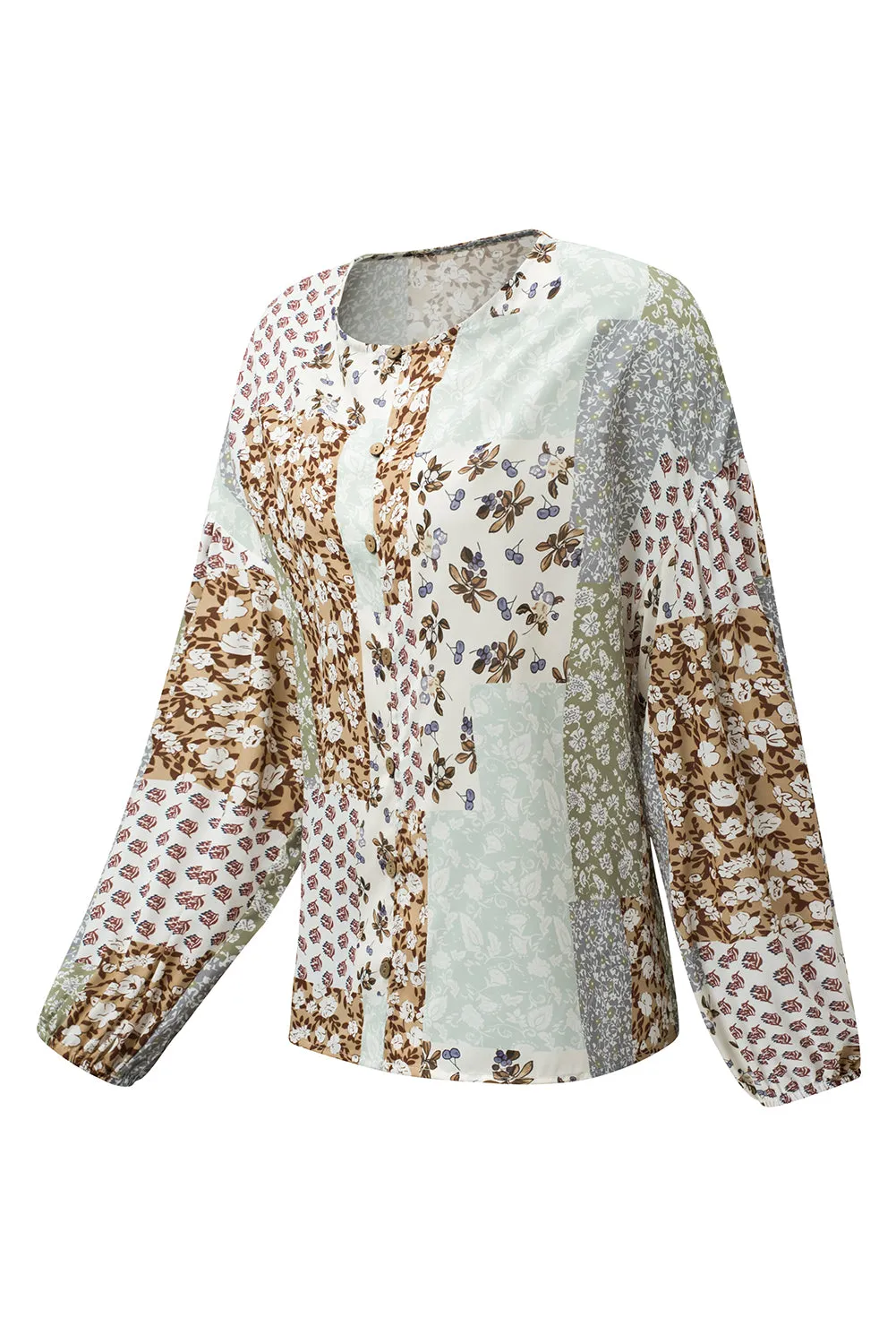 Multicolor Floral Patchwork Print Long Puff Sleeve Shirt